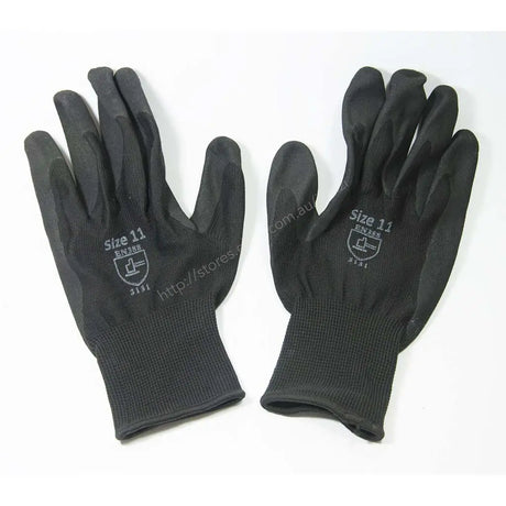 A pair of black work gloves shown flat against a white background, with one glove displaying the back of the hand and the other showing the palm side. White text on the gloves reads 'Size 11' and 'JILSA'.