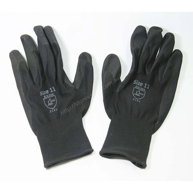A pair of black work gloves shown flat against a white background, with one glove displaying the back of the hand and the other showing the palm side. White text on the gloves reads 'Size 11' and 'JILSA'.