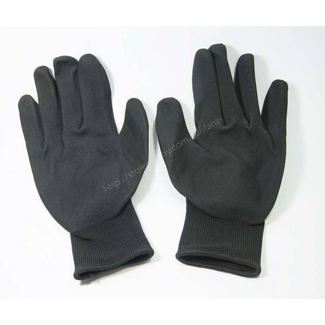 A pair of black cotton work gloves shown flat against a white background, with one glove showing the back of the hand and the other showing the palm side.