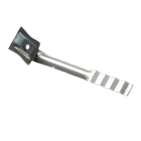 Metallic tool with a black rubberized handle on a white background