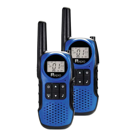 Two blue walkie talkies with digital displays on a white background