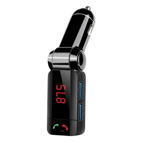 Car charger with Bluetooth speaker and digital display on a white background