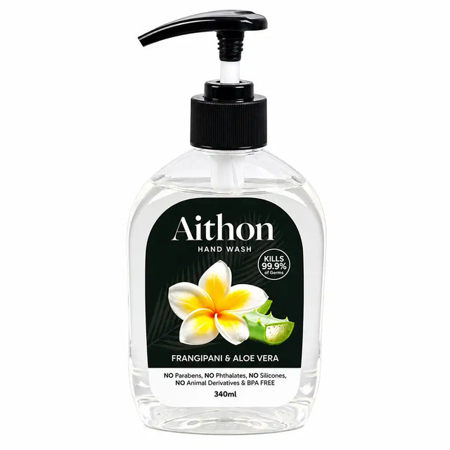 Aithon hand wash bottle with pump and frangipani and aloe vera label on a white background