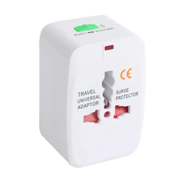 Travel universal adapter with surge protector on a white background