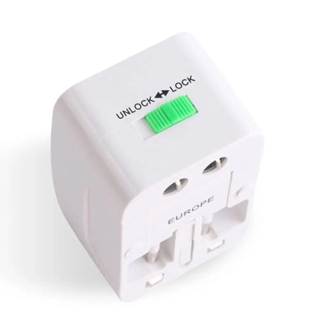 White travel adapter with green lock indicator on a white background