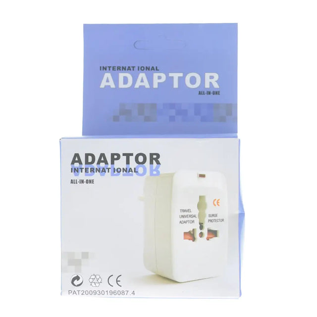 Two packaging boxes for an international adapter on a white background