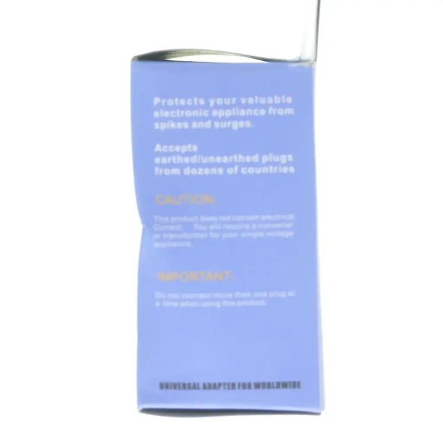 Blue packaging of a universal adapter for worldwide use on a white background