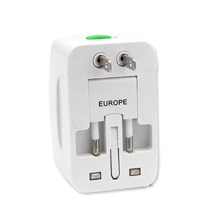 Universal travel adapter with multiple sockets on a white background