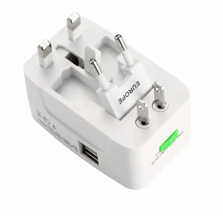 Universal travel adapter with multiple plug sockets on a white background