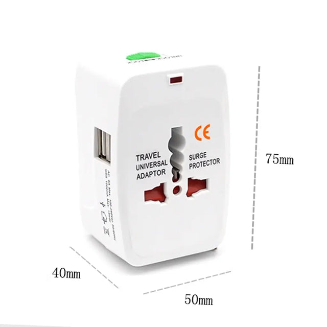 Travel universal adapter with dimensions on a white background
