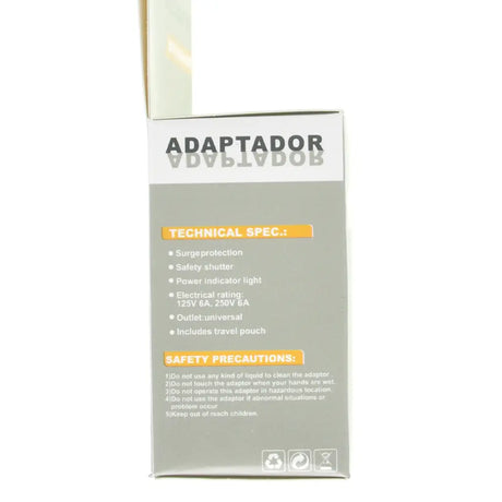 Box labeled 'Adaptador' with technical specifications and safety precautions on a white background