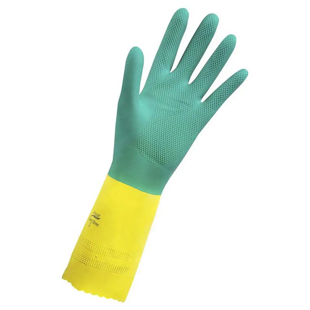 Green and yellow rubber glove on a white background