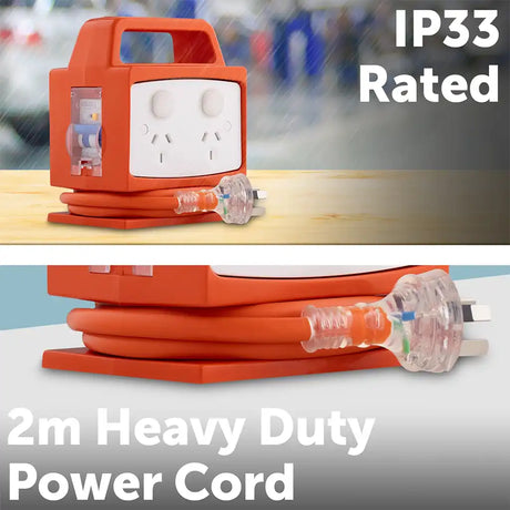 Orange Arlec portable power block with four outlets and RCBO safety switch