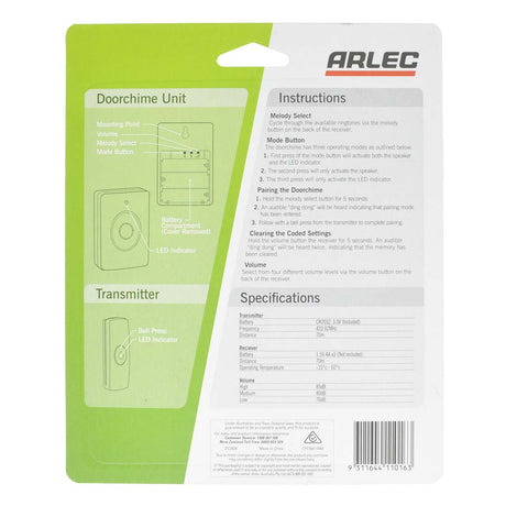 Arlec Battery Operated Wireless Door Chime IP44 70m DC3936