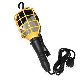 Yellow and black handheld lamp with a grid design on a white background