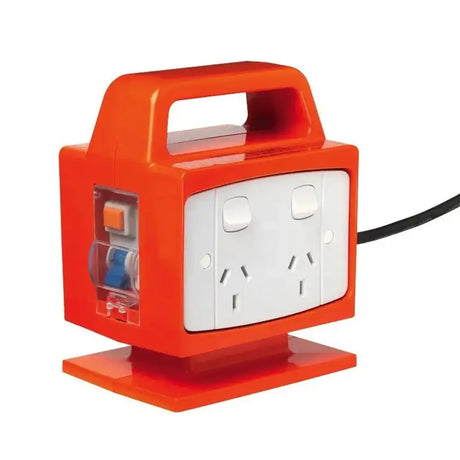 Orange power strip with multiple outlets on a white background
