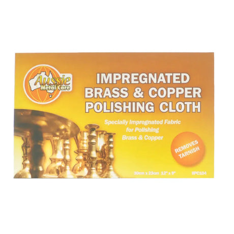 Aussie Metal Care brass and copper polishing cloth packaging on a white background