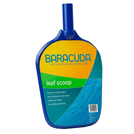 Baracuda leaf scoop with blue, yellow, and green design on a white background