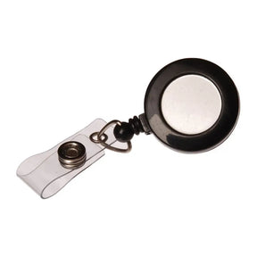 Retractable badge holder with magnifying glass on a white background