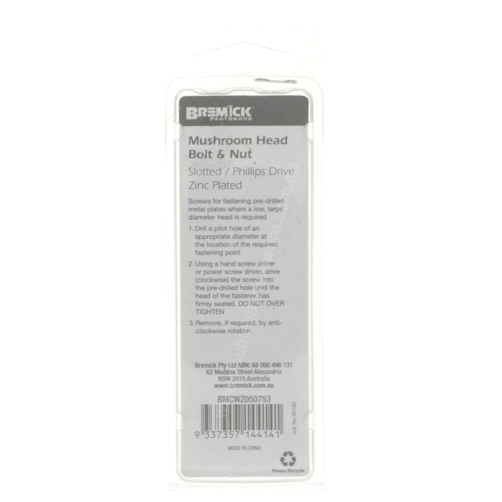 BREMICK 3/16x75mm Mushroom Head Bolt & Nut Zinc 10Pcs BMCWZ050753
