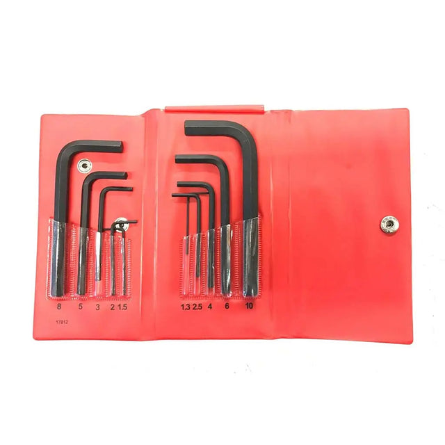 Set of Allen wrenches in a red case on a white background