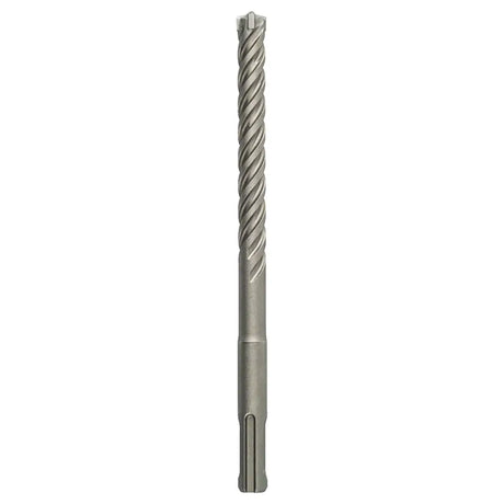 A single metal rotary hammer drill bit with a twisted flute shank and a flat hollow point at the bottom, shown vertically on a plain white background.