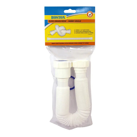 White flexible drain hose with packaging labeled 'Boston' on a white background