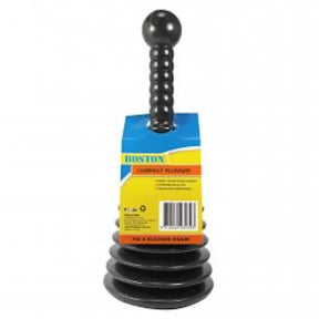 A black plastic plumbing drain snake with a ribbed handle and flared tip, shown with its blue and yellow Boston brand retail packaging on a white background.