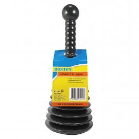 A black plastic plumbing drain snake with a ribbed handle and flared tip, shown with its blue and yellow Boston brand retail packaging on a white background.