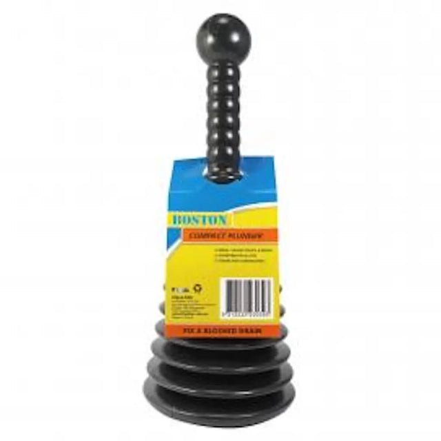A black plastic plumbing drain snake with a ribbed handle and flared tip, shown with its blue and yellow Boston brand retail packaging on a white background.