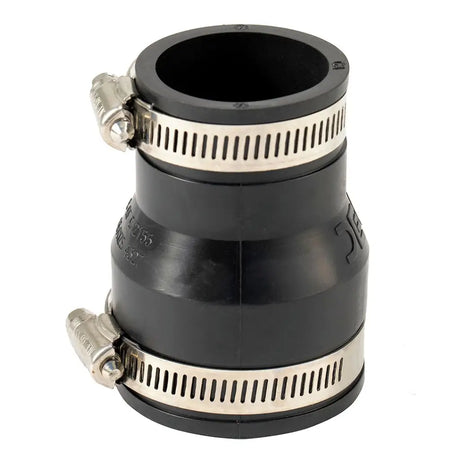 Black rubber pipe fitting with metal clamps on a white background
