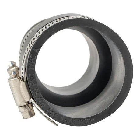 Metallic hose clamp with black rubber sleeve on a white background