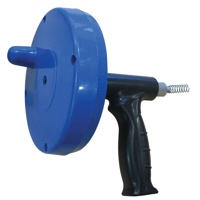 A blue and black hand-crank pipe wrench with a metal spring-loaded tip, shown against a plain white background.
