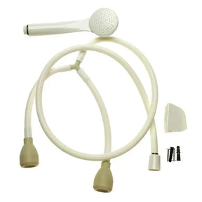 White and beige shower head with hose and attachments on a white background
