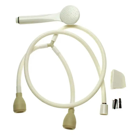 White and beige shower head with hose and attachments on a white background