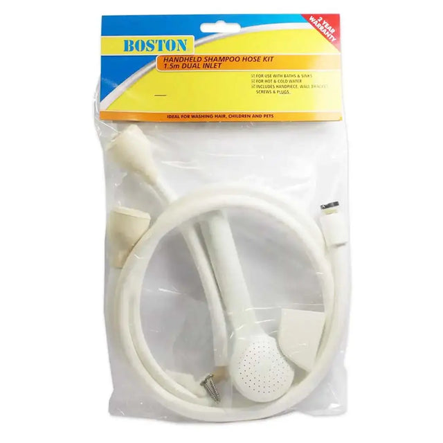 Handheld shampoo hose kit in packaging with Boston brand label.