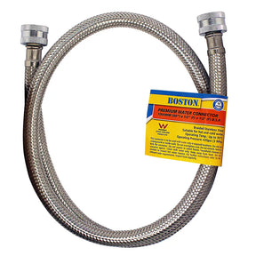 Braided stainless steel water connector with Boston brand label on a white background