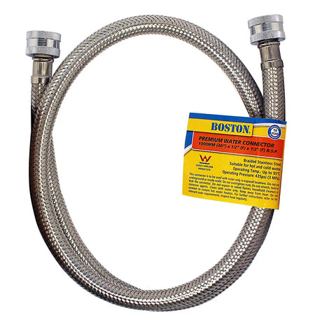 Braided stainless steel water connector with Boston brand label on a white background