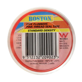 Boston pipe plumbers pink thread seal tape on a white background