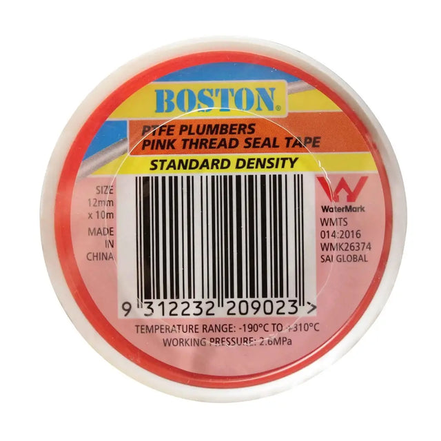 Boston pipe plumbers pink thread seal tape on a white background