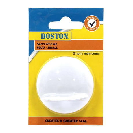 White plug in a Boston packaging with blue and yellow design