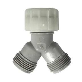 Gray plastic plumbing fitting with threaded ends on a white background