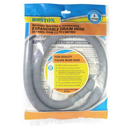Packaged expandable drain hose with Boston branding on a white background