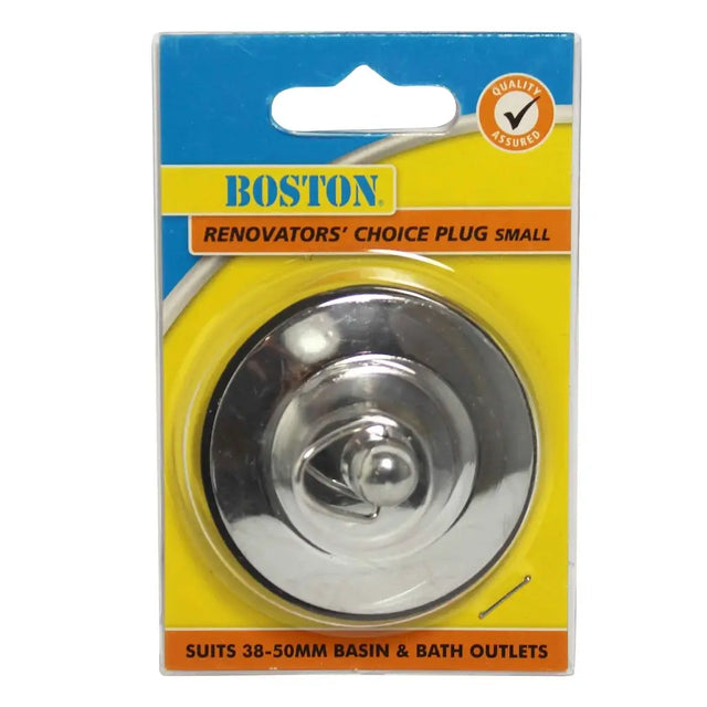 Packaged Boston plughole cover with blue and yellow label on a white background