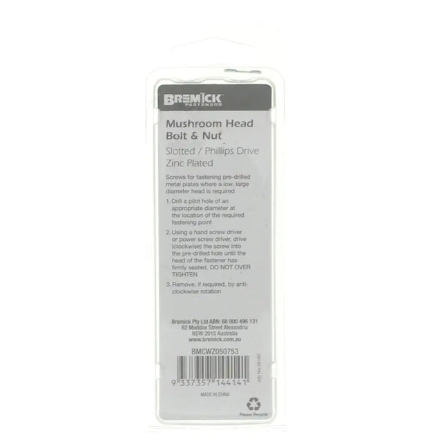 Bemick mushroom head bolt and nut packaging on a white background