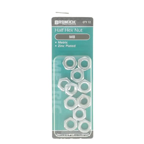 Pack of Bremick half hex nuts on a white background