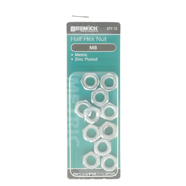 Pack of Bremick half hex nuts on a white background