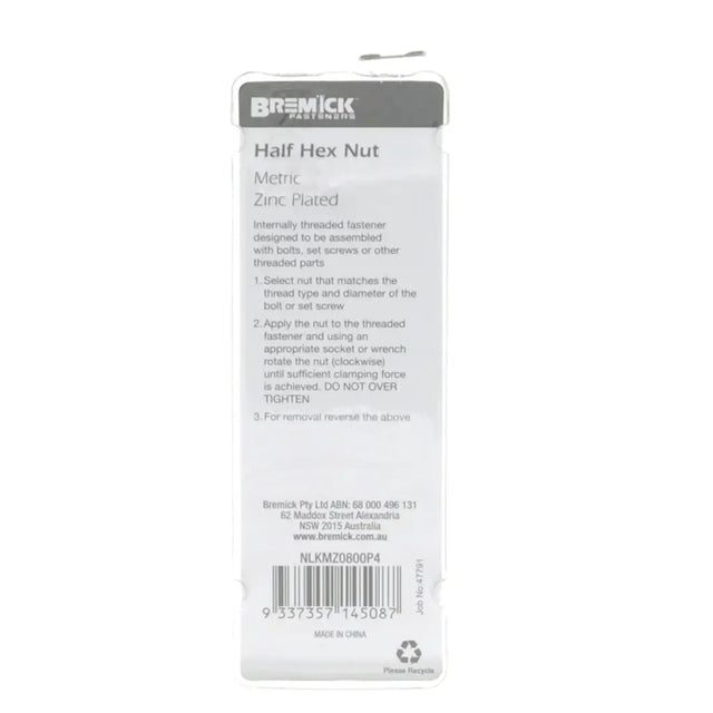 Bremick half hex nut packaging with product details on a white background