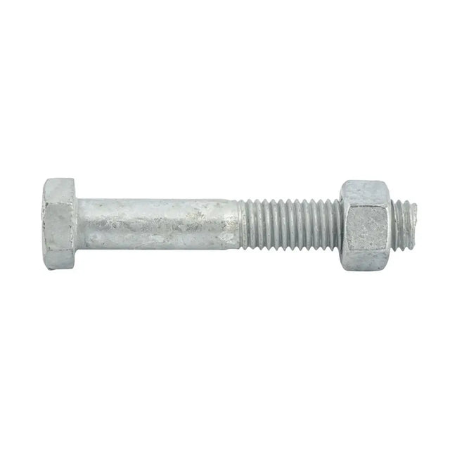 Metal bolt with hex nuts on a white background