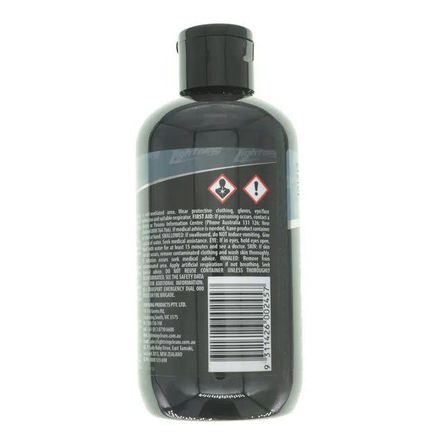 Black bottle with label and warning symbols on a white background
